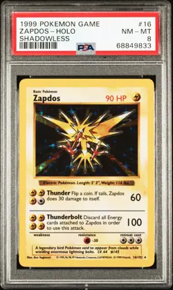 1999 Pokemon Game Zapdos Holo PSA 8 Shadowless Mint 16/102 Unlimited Base Set 16 - Image 2