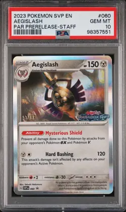 2023 Pokemon Aegislash STAFF Promo #060 Paradox Rift Prerelease PSA 10 POP 33 - Image 1
