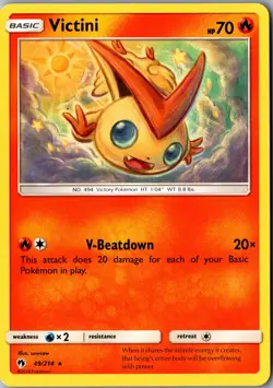 Victini 49/214 Rare SM - Lost Thunder LP Pokemon Card - Image 1