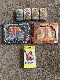 One Piece TCG Illustration Box Vol 5 & 6 4xTin Set Vol 2 & St29 Starter Set Lot - Image 1