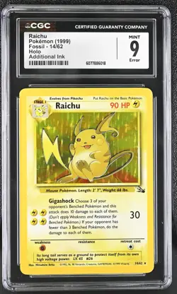 CGC 9 MINT Raichu 1999 Fossil 14/62 Holo ERROR Pokemon Card - Image 1