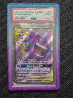 2019 POKEMON SUN & MOON TEAM UP #164 FULL ART/GENGAR & MIMIKYU GX PSA 10 - Image 1