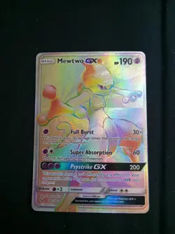 Holographic Mewtwo GX secret rare Pokemon trading card. - Image 1
