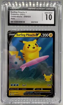 Pokemon TCG Surfing Pikachu v Celebrations Holo Ultra Rare Card 008/025 - Image 1