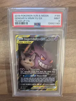 2019 POKEMON SUN & MOON TEAM UP #165 FULL ART/GENGAR & MIMIKYU GX PSA 9 - Image 1