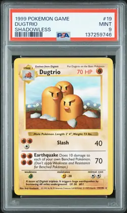 1999 POKEMON BASE SET SHADOWLESS #19 DUGTRIO PSA 9 - Image 1
