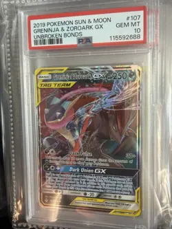 Pokemon TCG Greninja & Zoroark GX Holo Ultra Rare Unbroken Bonds 107/214 PSA 10 - Image 1