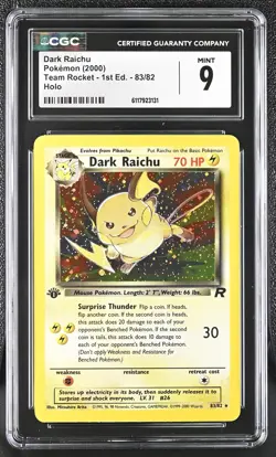 CGC 9 MINT Dark Raichu Team Rocket 1st Edition 83/82 Holo Pokemon Card - Image 1