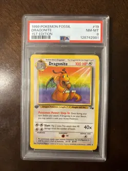 1999 Pokemon Dragonite 1st Edition Non-Holo Fossil Card #19 PSA 8 - Image 1