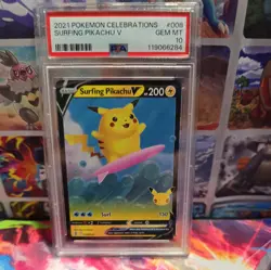 2021 Pokemon Celebrations Surfing Pikachu V 008 PSA 10 Gem Mint - Image 1