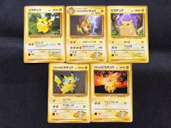 Pikachu & Lt. Surge’s Pikachu Vintage Japanese Old Back 5 Cards Set 1996 EX–Poor - Image 1