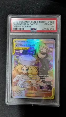 2019 POKEMON SUN & MOON COSMIC ECLIPSE #228 FULL ART/CYNTHIA & CAITLIN PSA 10 - Image 1