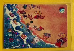 Pikachu SURFING AT THE BEACH Vintage Prism Holo Sticker Card Anime Collectible - Image 1