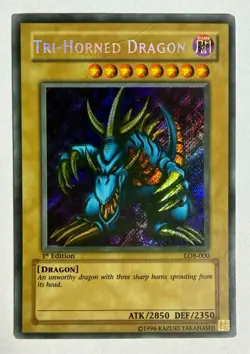 Tri-Horned Dragon LOB-E000 Secret Rare 1st Edition Moderate Play Yugioh - Image 1