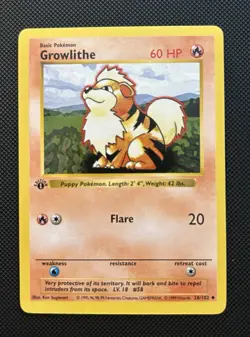 Pokemon TCG Growlithe Card 028/102 1st Edition Base Set Shadowless - Image 1