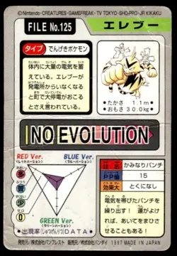 Electabuzz File NO. 125 Bandai Carddass Series 3-4 Pokemon Japanese ~ HP Creased - Image 2