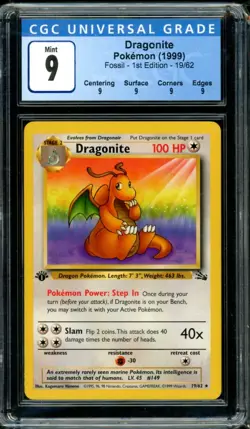Dragonite 1st Edition Pokemon Fossil CGC 9 Blue Label Gem Mint 19/62 - Image 1