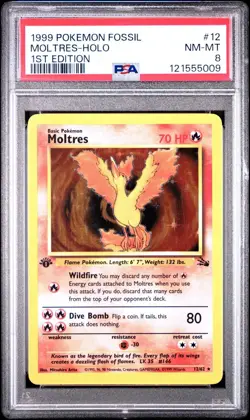 Pokemon Fossil 1st Edition Holo Rare Card Moltres (PSA 8) 12/62 - Image 1