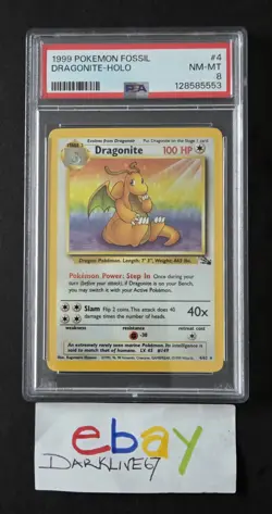 Pokemon 1999 Fossil Dragonite #4 Holo Unlimited Graded PSA 8 - Image 1