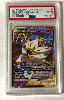 Solgaleo & Lunala GX PSA 8 NM-MT 2019 Pokemon Sun & Moon Cosmic Eclipse #75 - Image 1