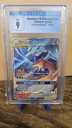 CGC 9 MINT 2019 SM Unbroken Bonds Reshiram & Charizard GX 20/214 - Image 1