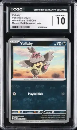2025 POKEMON WHITE FLARE MASTER BALL REVERSE HOLO VULLABY CGC 10 GEM MINT - Image 1