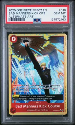 2025 ONE PIECE PRB02-PREMIUM BOOSTER ALT ART #016 BAD MANNERS KICK COURSE PSA 10 - Image 1