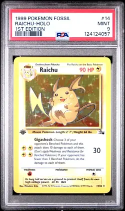 1999 POKEMON FOSSIL 1ST EDITION #14 RAICHU-HOLO PSA 9 - Image 1