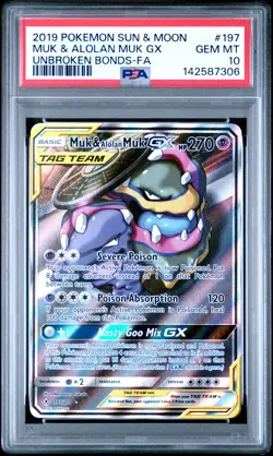 2019 POKEMON SUN & MOON UNBROKEN BONDS #197 FULL ART/MUK & ALOLAN MUK GX PSA 10 - Image 1