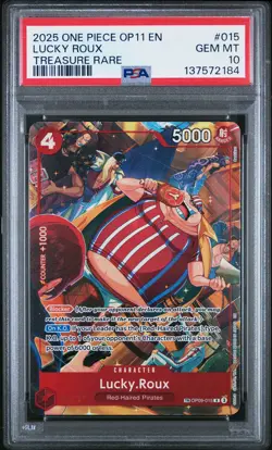 2025 ONE PIECE OP11-A FIST OF DIVINE SPEED TREASURE RARE #015 LUCKY ROUX PSA 10 - Image 1