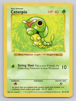 Pokemon CATERPIE Card 45/102 Common SHADOWLESS WOTC Moderate Play Base Set - Image 1