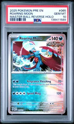 2025 POKEMON PRISMATIC EVOLUTIONS MASTER BALL REVERSE HOLO ROARING MOON PSA 10 - Image 1