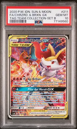 PSA 10 Charizard & Braixen GX 211 Tag Team Alternate Alt Pokemon Card Indonesian - Image 1