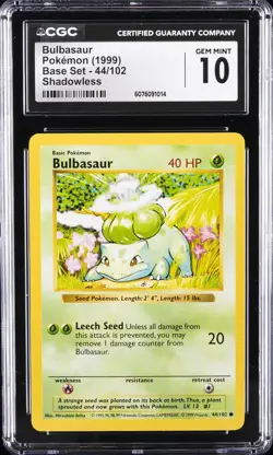 1999 POKEMON BASE SET SHADOWLESS #44/102 BULBASAUR CGC 10 GEM MINT - Image 1