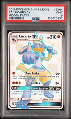 2019 POKEMON SUN & MOON HIDDEN FATES #SV64 FULL ART/LUCARIO GX PSA 9 - Image 1