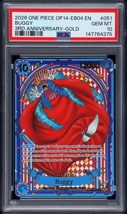 2026 ONE PIECE OP14-HE AZURE SEA'S SEVEN 3RD ANNIVERSARY-GOLD #051 BUGGY PSA 10 - Image 1