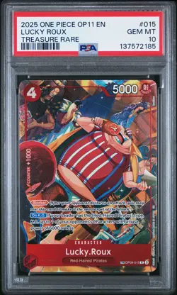 2025 ONE PIECE OP11-A FIST OF DIVINE SPEED TREASURE RARE #015 LUCKY ROUX PSA 10 - Image 1