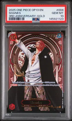 2025 ONE PIECE OP13-CARRYING ON HIS WILL 3RD ANNIVERSARY-GOLD #004 SHANKS PSA 10 - Image 1