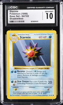 1999 POKEMON BASE SET SHADOWLESS #64 STARMIE CGC 10 GEM MINT - Image 1