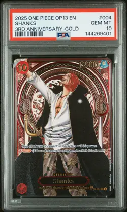 2025 ONE PIECE OP13-CARRYING ON HIS WILL 3RD ANNIVERSARY-GOLD #004 SHANKS PSA 10 - Image 1