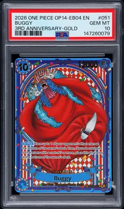 2026 ONE PIECE OP14-HE AZURE SEA'S SEVEN 3RD ANNIVERSARY-GOLD #051 BUGGY PSA 10 - Image 1