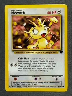 Meowth 62/82 Base Set Series Team Rocket Common Basic Pokemon Card 2000 NM - Image 1