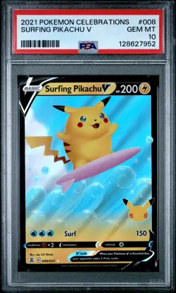 2021 POKEMON CELEBRATIONS #008 SURFING PIKACHU V PSA 10 - Image 1