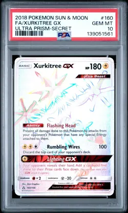 2018 POKEMON SUN & MOON ULTRA PRISM SECRET #160 FULL ART/XURKITREE GX PSA 10 - Image 1