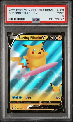 2021 POKEMON CELEBRATIONS #008 SURFING PIKACHU V PSA 9 - Image 1