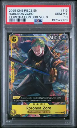 2025 ONE PIECE PROMOS ILLUSTRATION BOX VOL.3 #113 RORONOA ZORO PSA 10 - Image 1