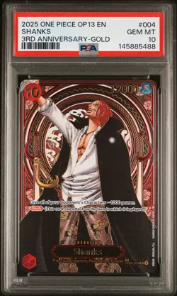 2025 ONE PIECE OP13-CARRYING ON HIS WILL 3RD ANNIVERSARY-GOLD #004 SHANKS PSA 10 - Image 1