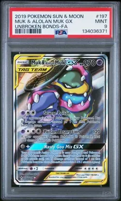 2019 POKEMON SUN & MOON UNBROKEN BONDS #197 FULL ART/MUK & ALOLAN MUK GX PSA 9 - Image 1