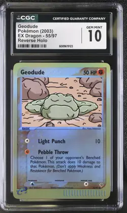 CGC 10 GEM MINT Geodude 2003 EX Dragon 55/97 Reverse Holo Pokemon Card - Image 1