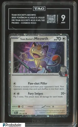 2025 Pokemon Scarlet & Violet #149/182 Team Rocket's Meowth Cosmos Holo TAG 9 - Image 1